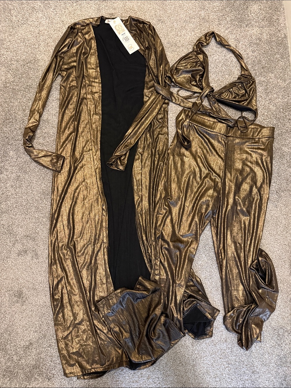 #287. Metallic Gold 3-Piece Set - Duster, Pants & Halter Top
